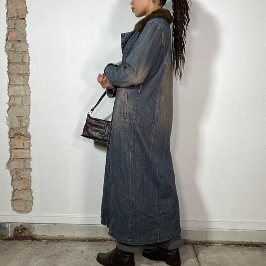 Vintage 2000's Grunge Denim Maxi Coat with Brown Faux Fur Collar (S/M)