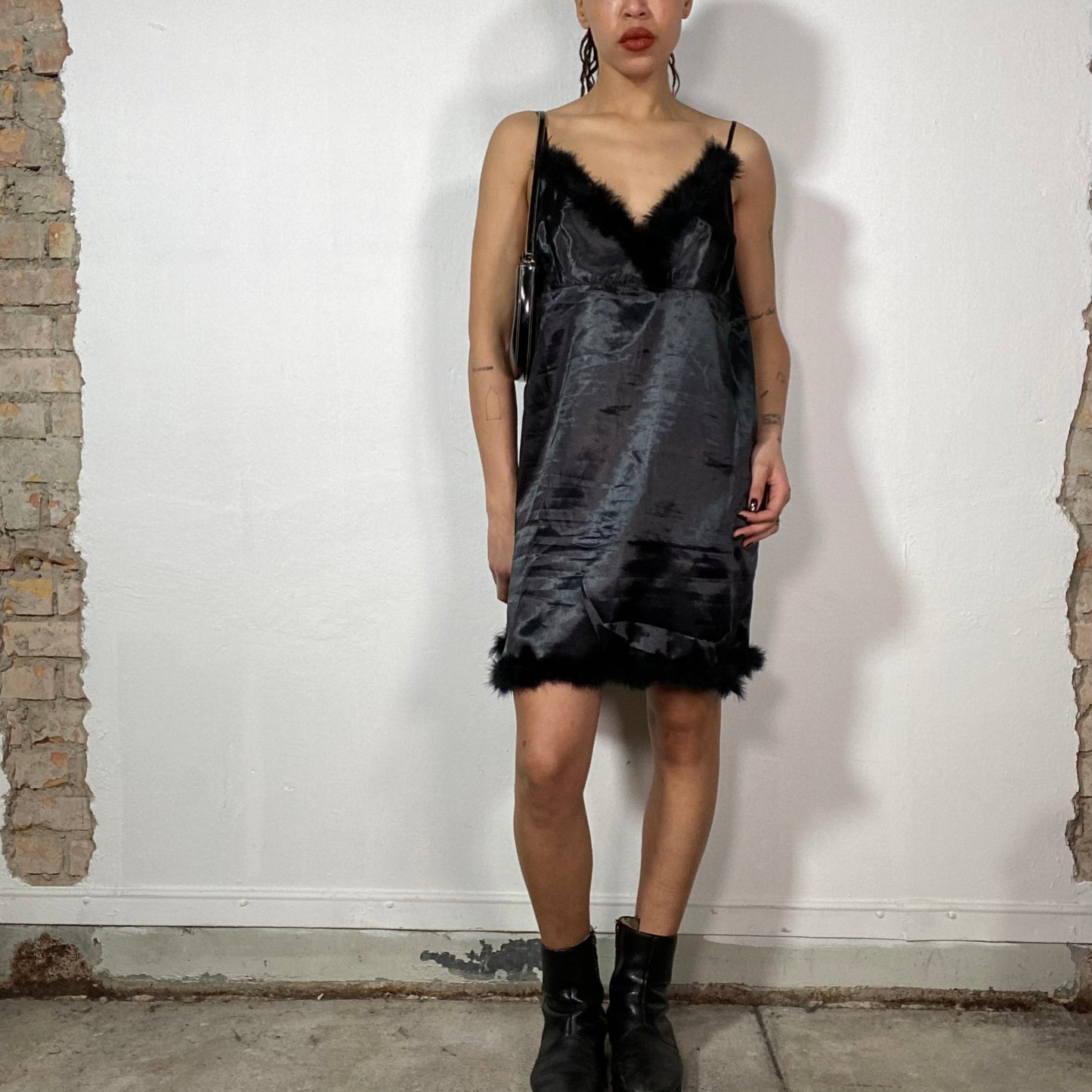 Vintage 2000's Lingerie Black Satin Dress with Feather Trim (M/L)