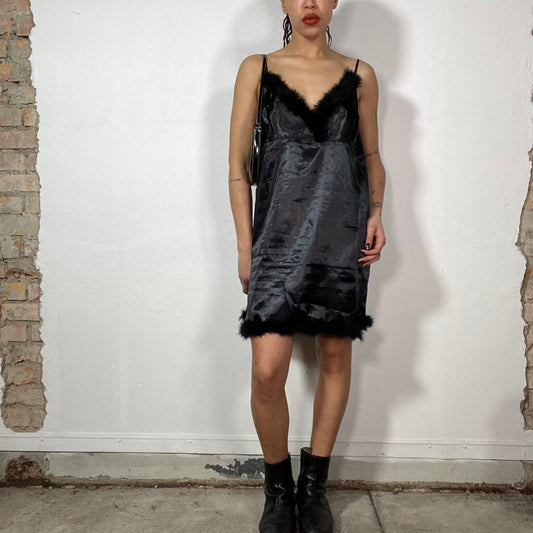 Vintage 2000's Lingerie Black Satin Dress with Feather Trim (M/L)