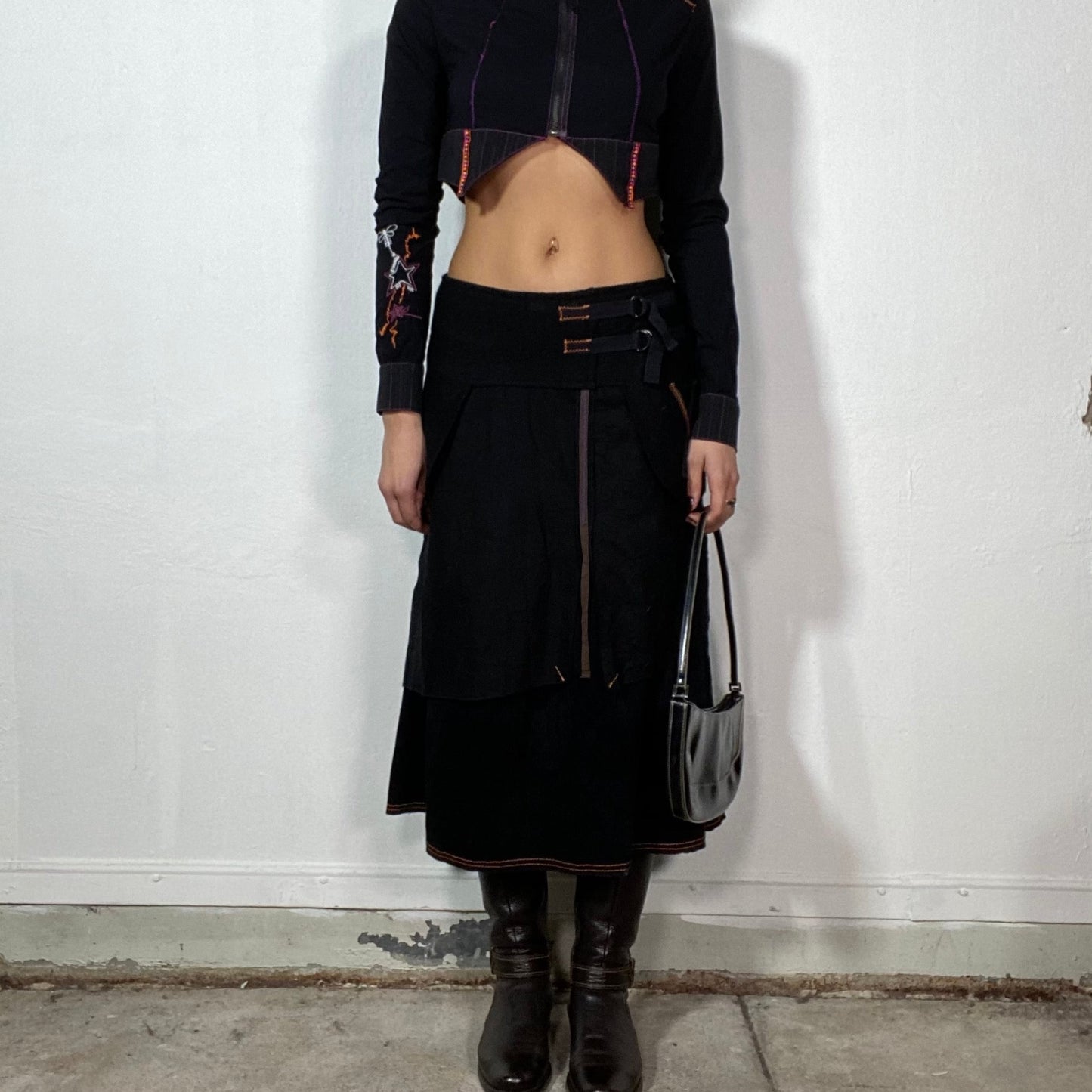 Vintage 2000's Cyber Grunge Midi Skirt with Contrast Stitching (S)