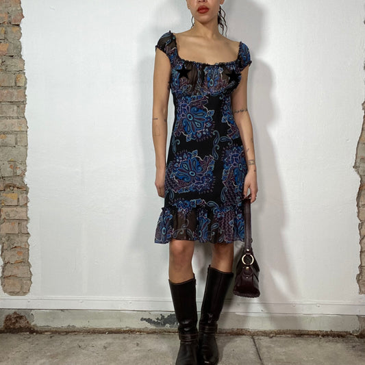 Vintage 90's Summer Black/Blue Mesh Dress with Paisley Print and Ruffle Details (S)