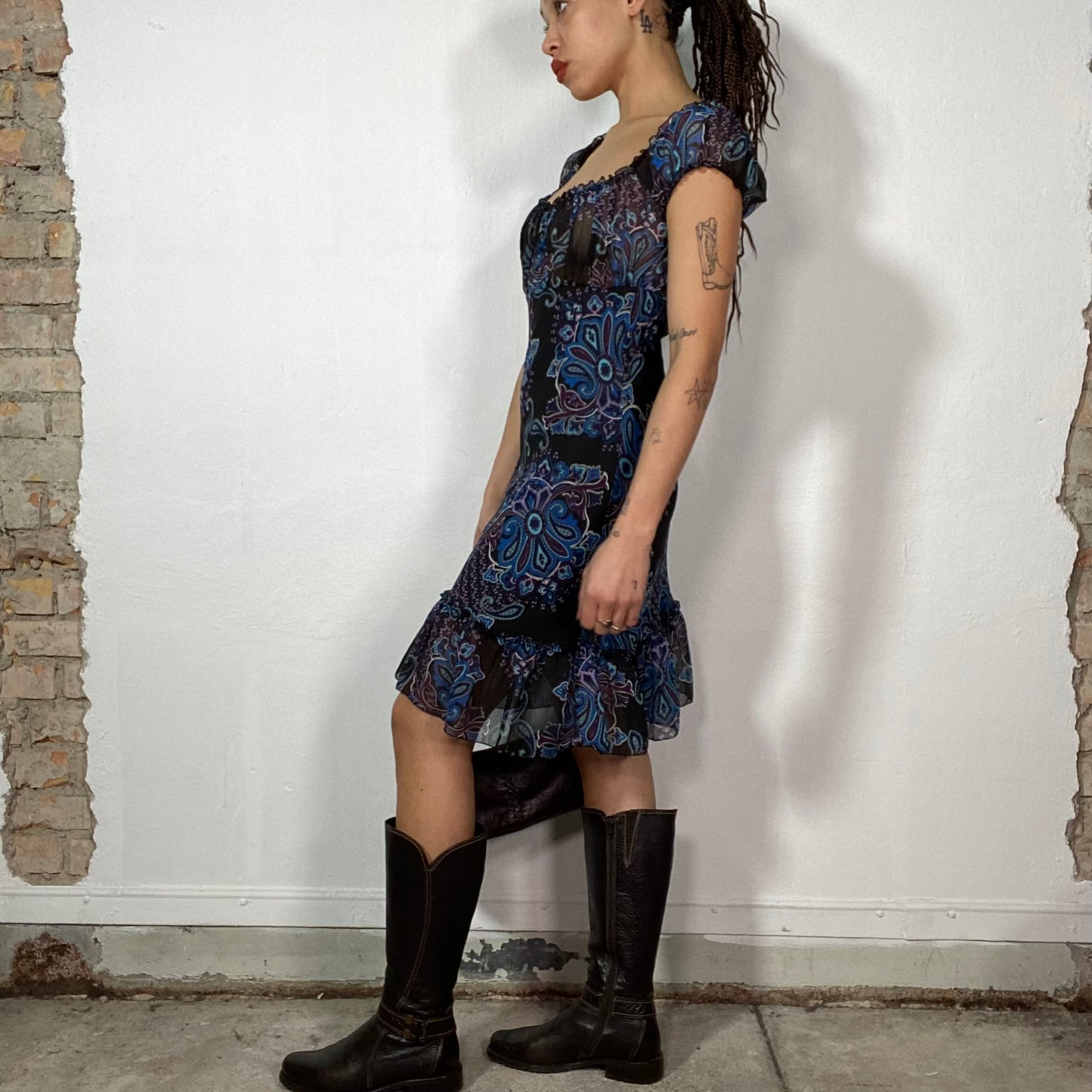 Vintage 90's Summer Black/Blue Mesh Dress with Paisley Print and Ruffle Details (S)