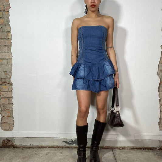 Vintage 2000's Grunge Denim Tube Dress with Ruffle Bottom (S)