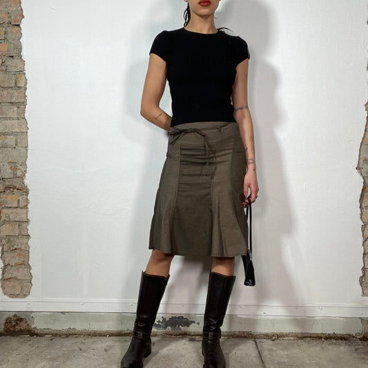 Vintage 2000's Grunge Brown Denim Midi Skirt with Waist Belt (XS/S)