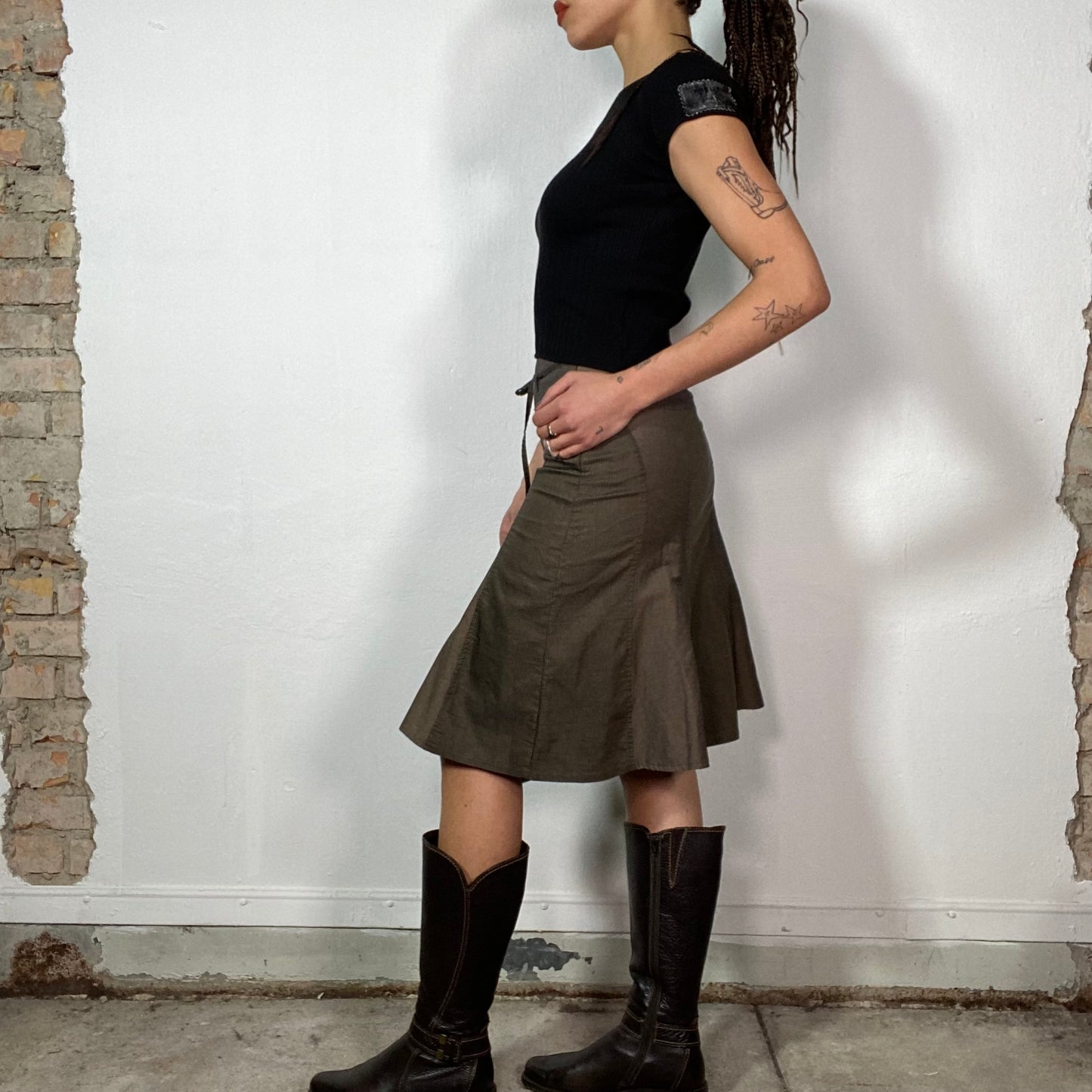 Vintage 2000's Grunge Brown Denim Midi Skirt with Waist Belt (XS/S)