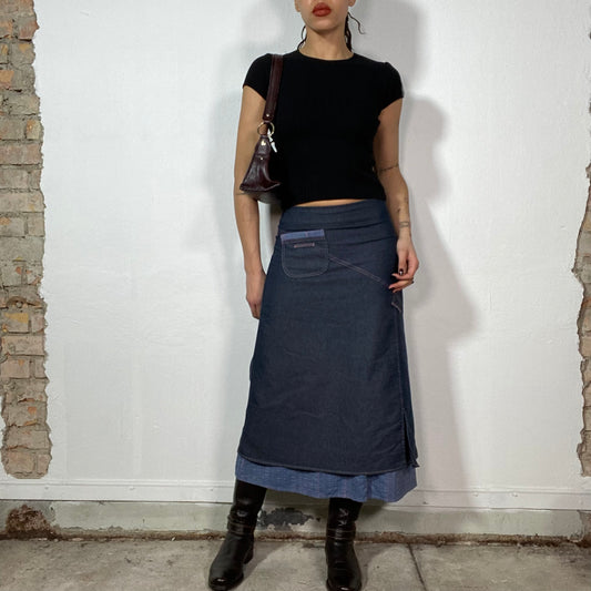 Vintage 2000's Downtown Girl Denim Maxi Skirt with Front Pocket and Contrast Stitching (S)