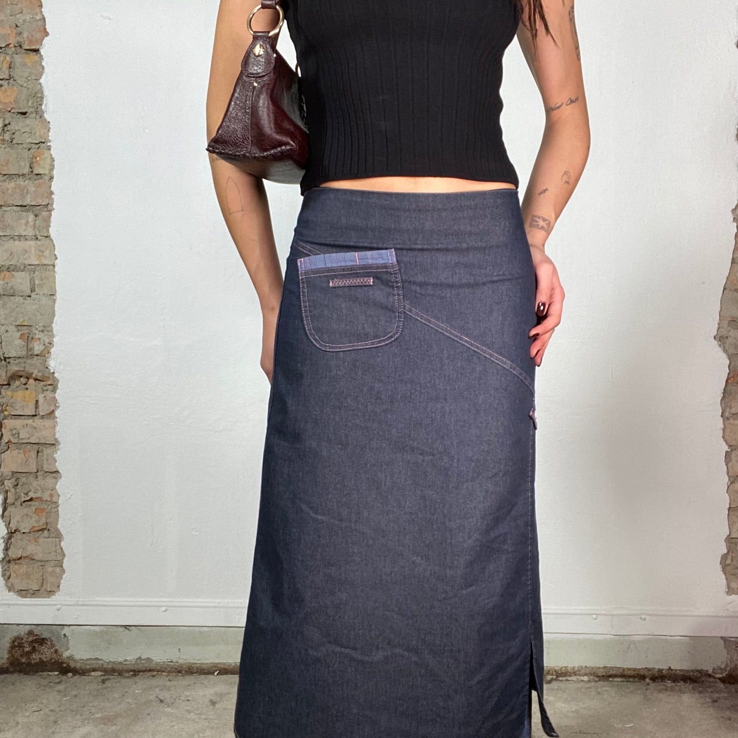 Vintage 2000's Downtown Girl Denim Maxi Skirt with Front Pocket and Contrast Stitching (S)