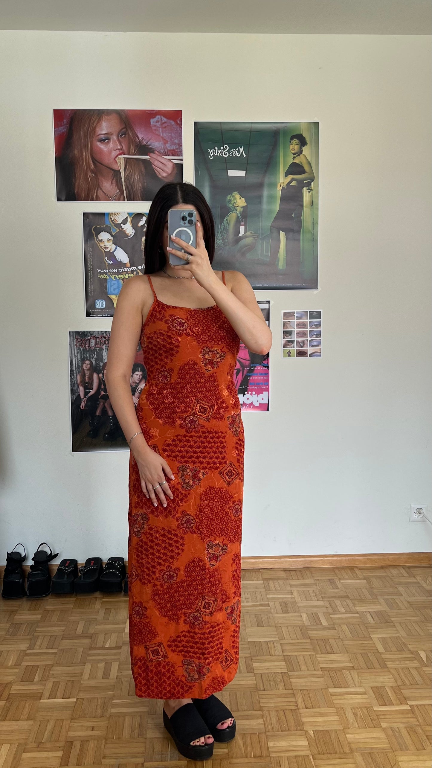 Vintage 90's Summer Indie Orange Maxi Dress (36 EU / UK 8 / US 4)