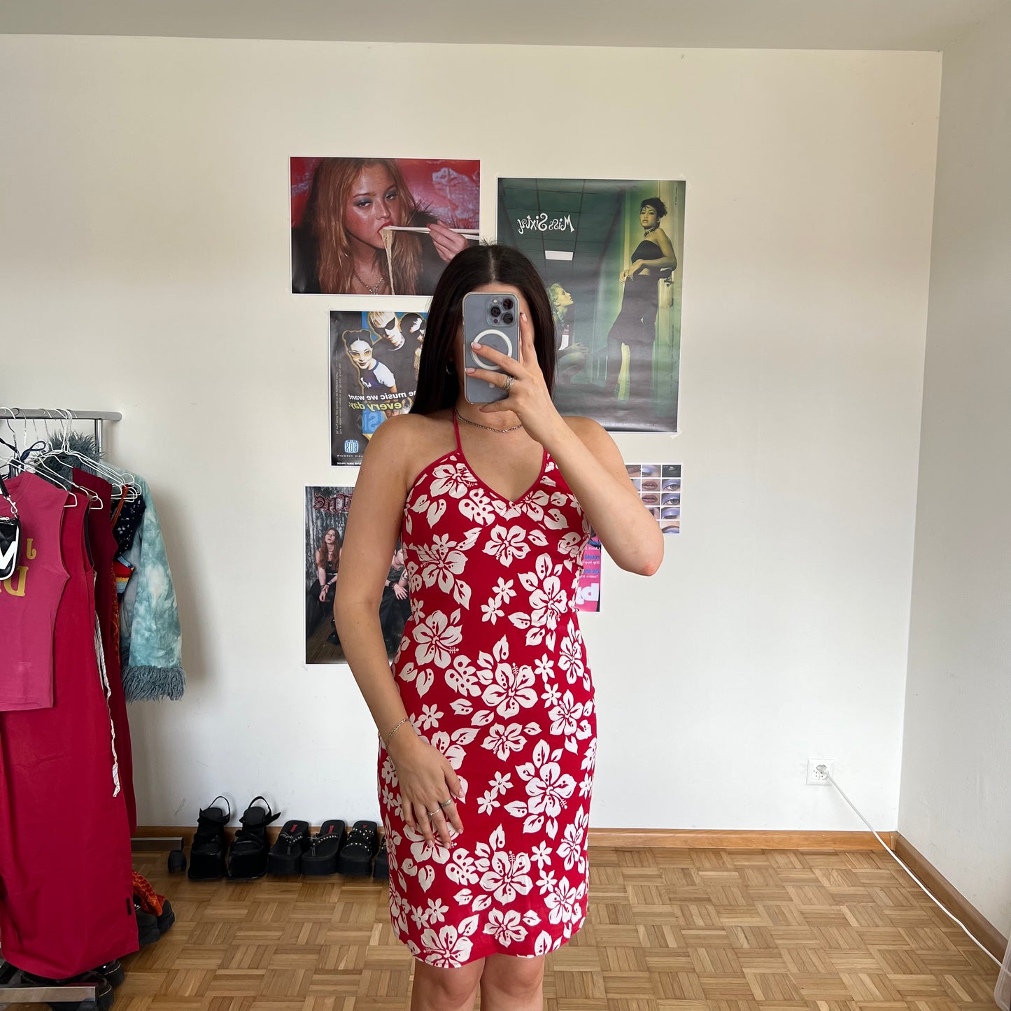 Vintage 90's Summer Holiday Red Hibiscus Dress (34 EU / UK 6 / US 4)