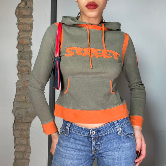 Vintage 2000's Skater Khaki and Orange Hoodie with 'Street' Print (XS/S)
