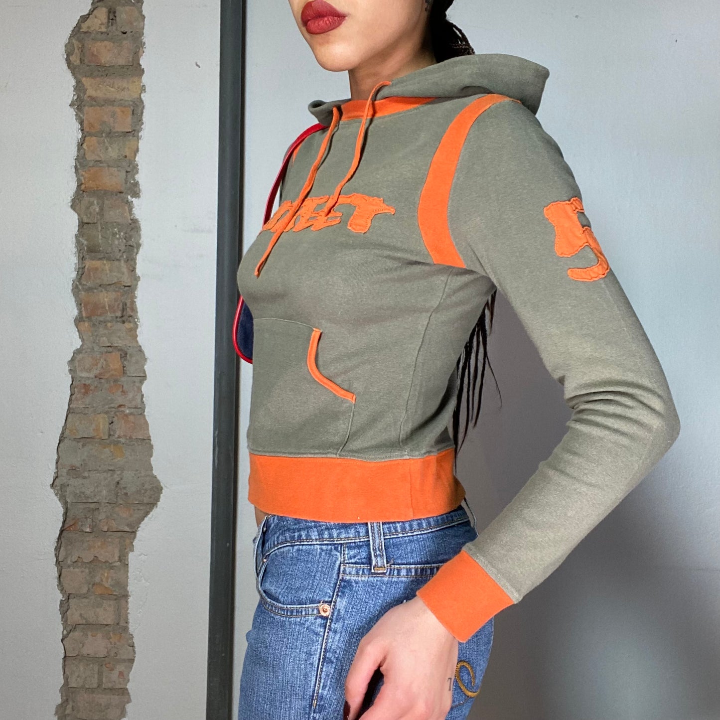 Vintage 2000's Skater Khaki and Orange Hoodie with 'Street' Print (XS/S)