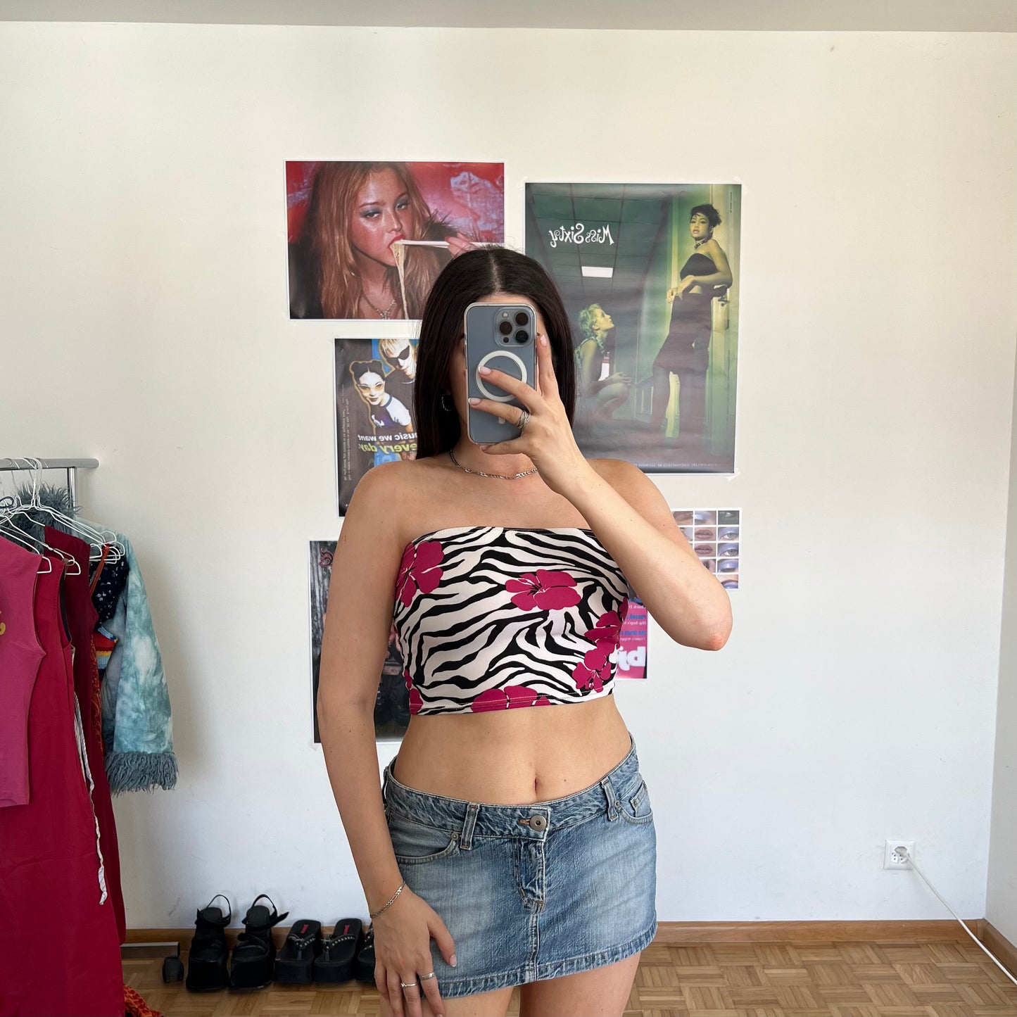 Vintage Y2K Summer Holiday Funky Zebra and Hibiscus Print Tube Top (XS/S)