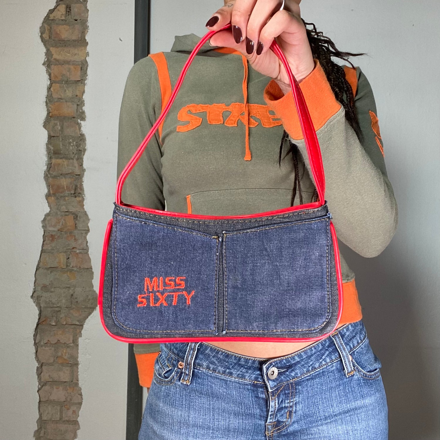 Vintage 2000's Archive Miss Sixty Denim Shoulder Bag with Red