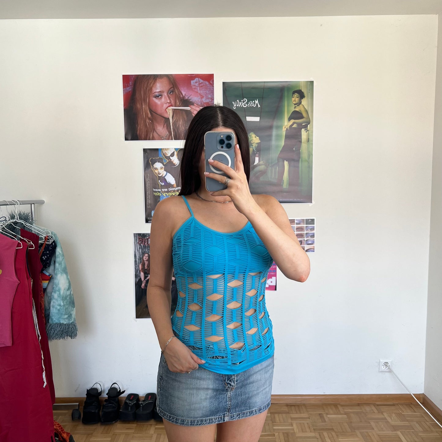 Vintage 90's Rave Blue Net Cami Top (L/XL)