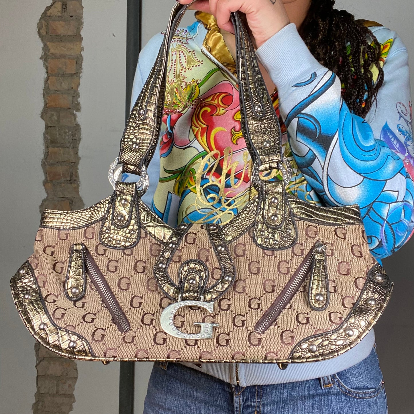 Vintage 2000's Brown Monogram „G“ Shoulder Bag with Gold Leather Details