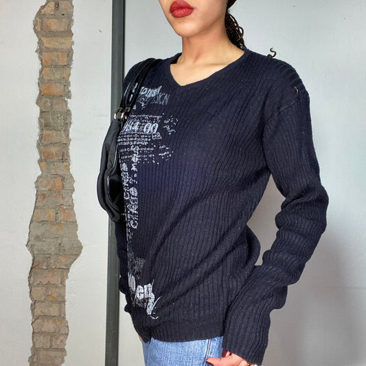 Vintage 2000's Grunge Black Ribbed Knit Sweater with White Writing Print (M)