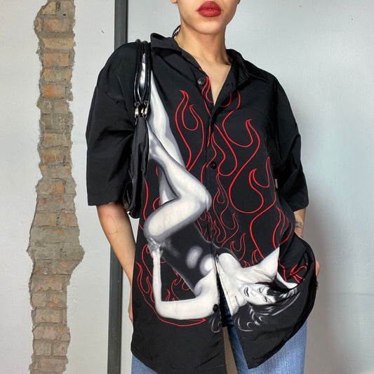 Vintage 2000's Streetstyle Black Oversized Button Up Shirt with Tribal and Woman Print (L)