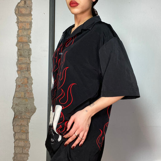 Vintage 2000's Streetstyle Black Oversized Button Up Shirt with Tribal and Woman Print (L)