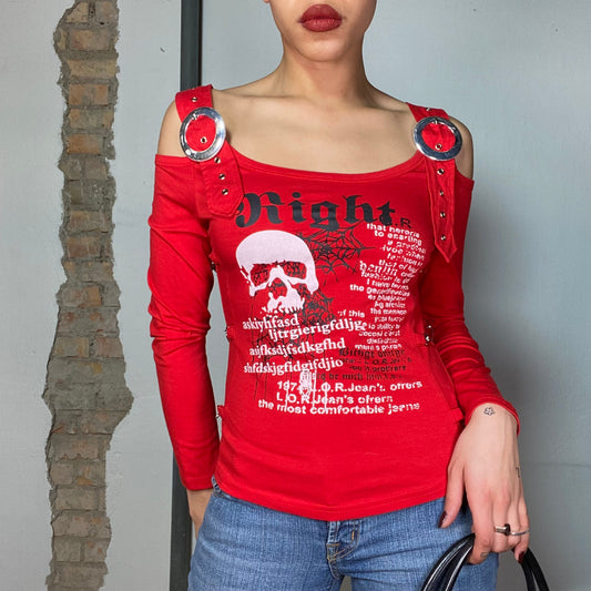 Vintage 2000's Punky Red Off Shoulder Longsleeve with Buckle Details (S/M)