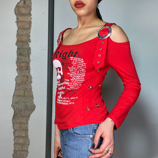 Vintage 2000's Punky Red Off Shoulder Longsleeve with Buckle Details (S/M)