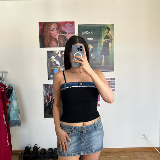 Vintage 90's Rock Black Cami Top with Denim Trim (S)