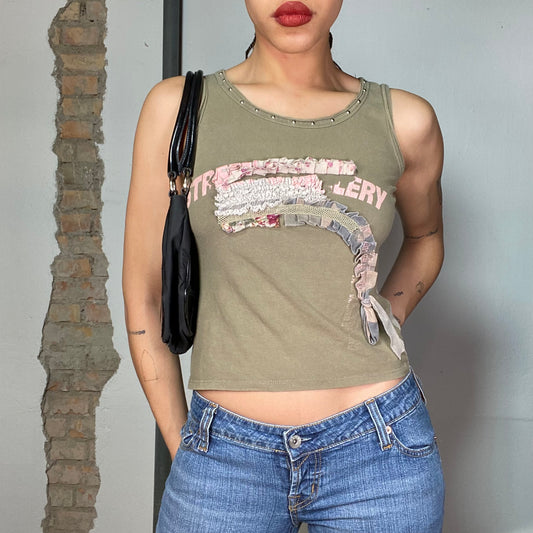 Vintage 2000's Grunge Kahki Tank Top with Fabric Details and Camo Print Back (S)