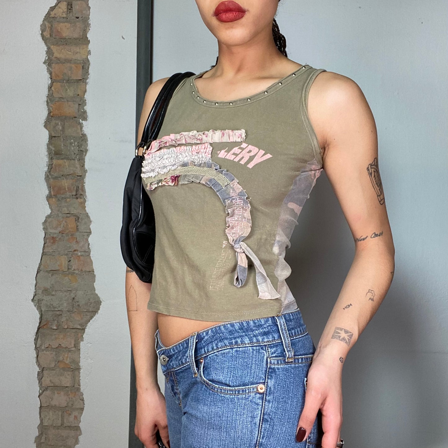 Vintage 2000's Grunge Kahki Tank Top with Fabric Details and Camo Print Back (S)