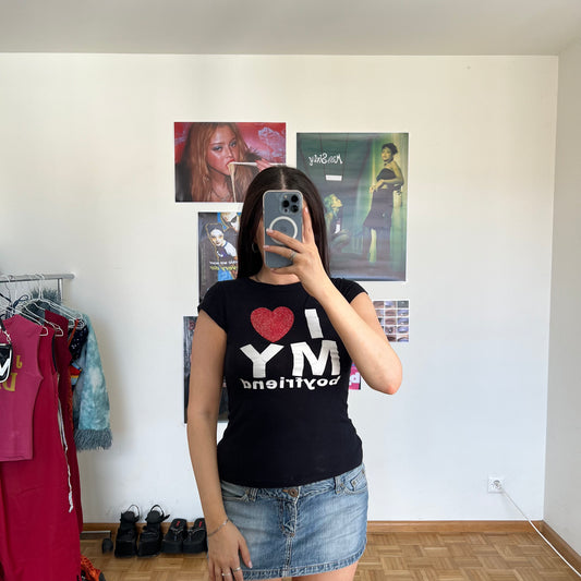 Vintage Y2K I Heart My Boyfriend Black T-Shirt (S)