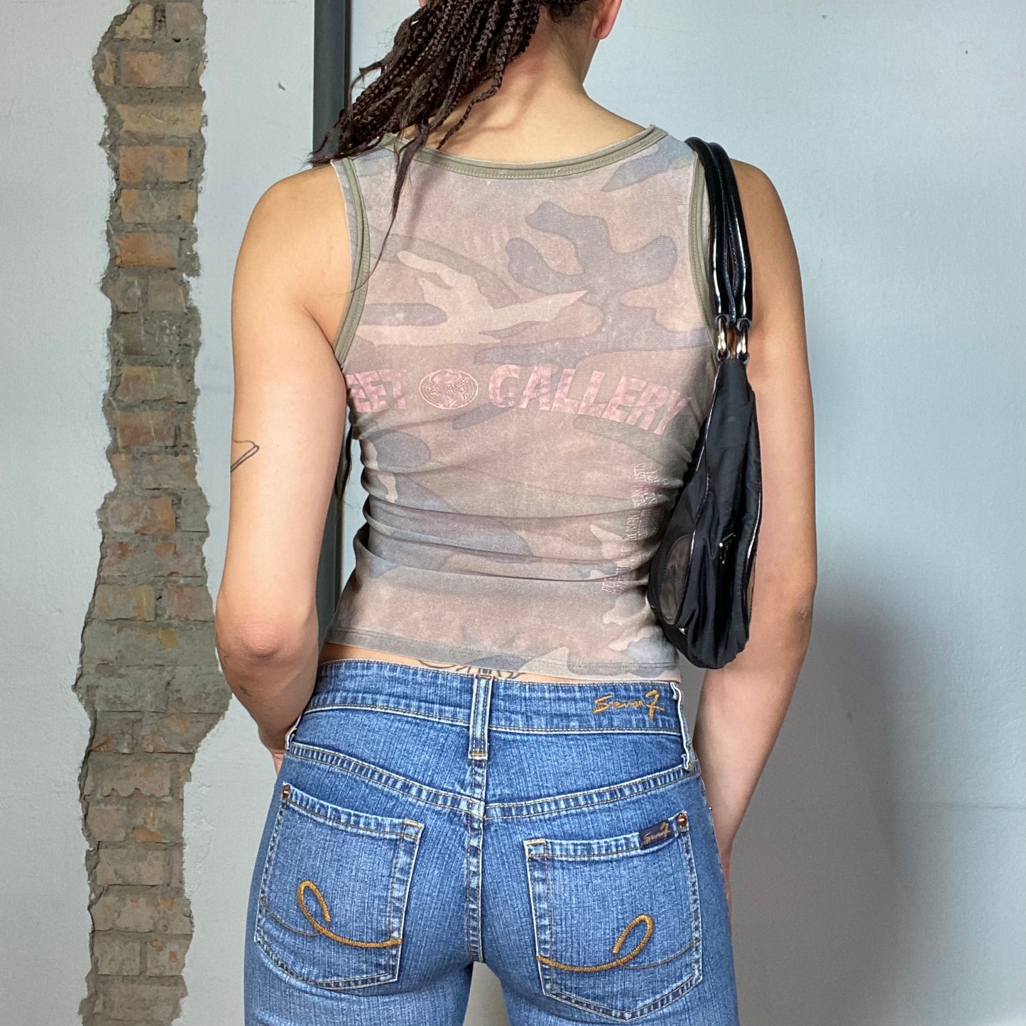 Vintage 2000's Grunge Kahki Tank Top with Fabric Details and Camo Print Back (S)