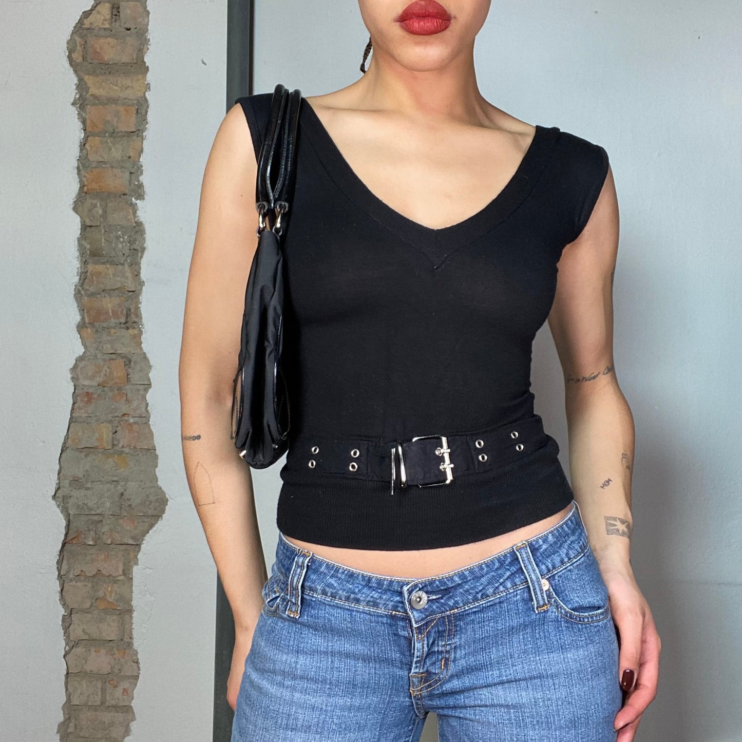 Vintage 90's Model off Duty Black V-Neck Top with Waist Belt (S)