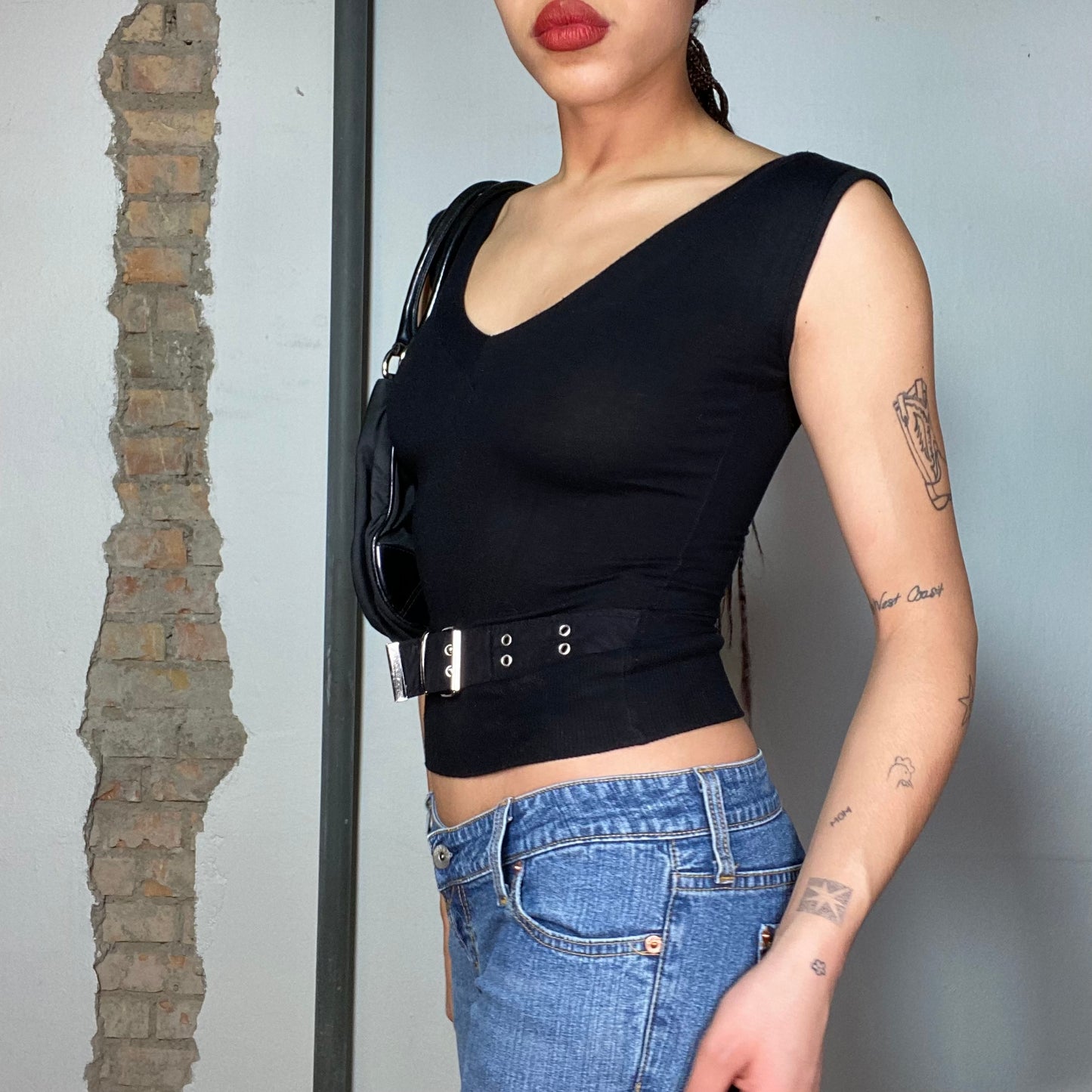 Vintage 90's Model off Duty Black V-Neck Top with Waist Belt (S)