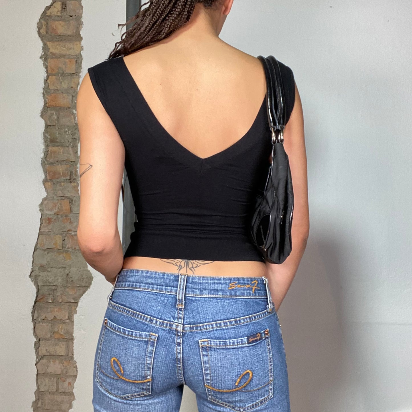 Vintage 90's Model off Duty Black V-Neck Top with Waist Belt (S)