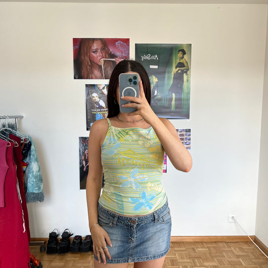 Vintage 90's Summer Holiday Green and Blue Striped High Neck Top with Hibiscus and Text Graphic (S/M)