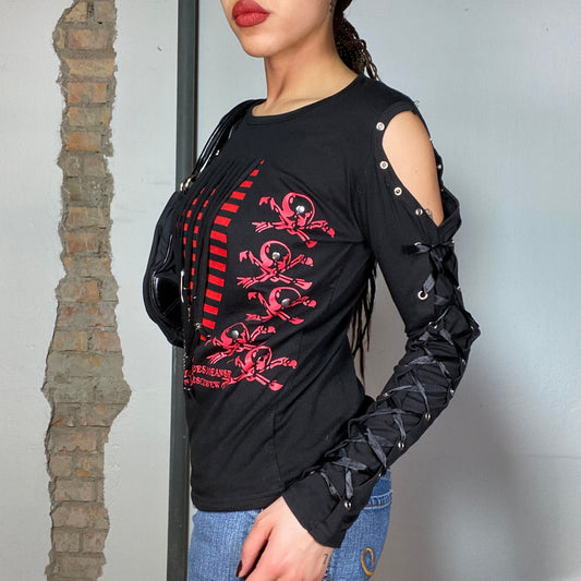 Vintage 90's Punky Black and Red Distressed Lonsgleeve with Lots of Details (M)