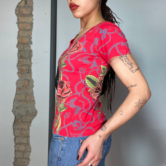 Vintage 2000's Christian Audigier Red Shirt with Tattoo Style Rhinestone Print (M)