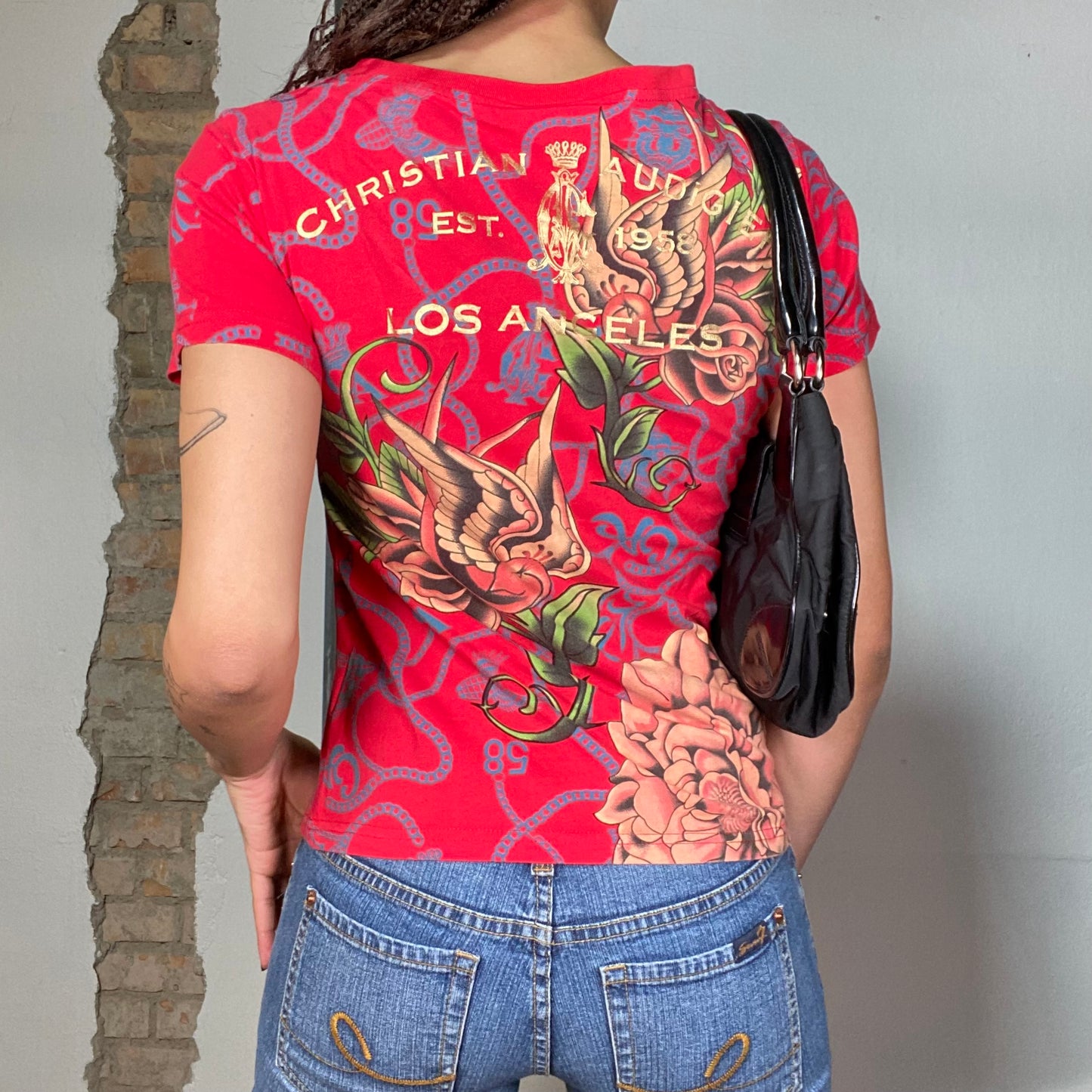 Vintage 2000's Christian Audigier Red Shirt with Tattoo Style Rhinestone Print (M)