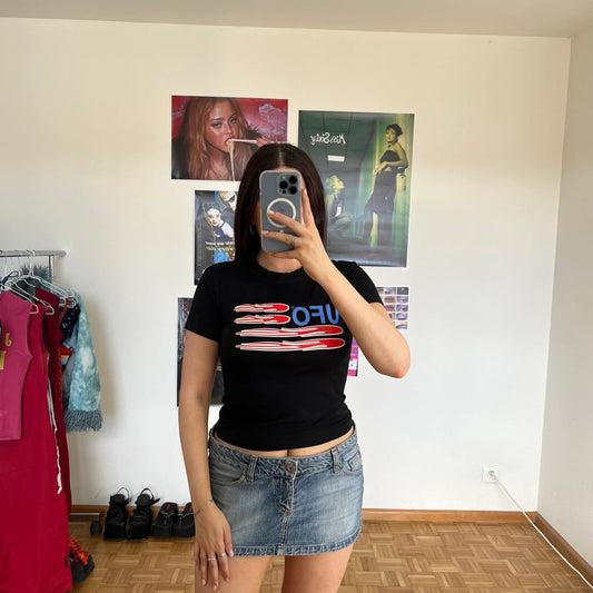 Vintage 90's Skater UFO Flag Logo White Baby Tee (M)