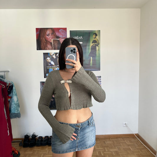 Vintage 90's Subversive Khaki Open Front Cropped Cardigan (M)