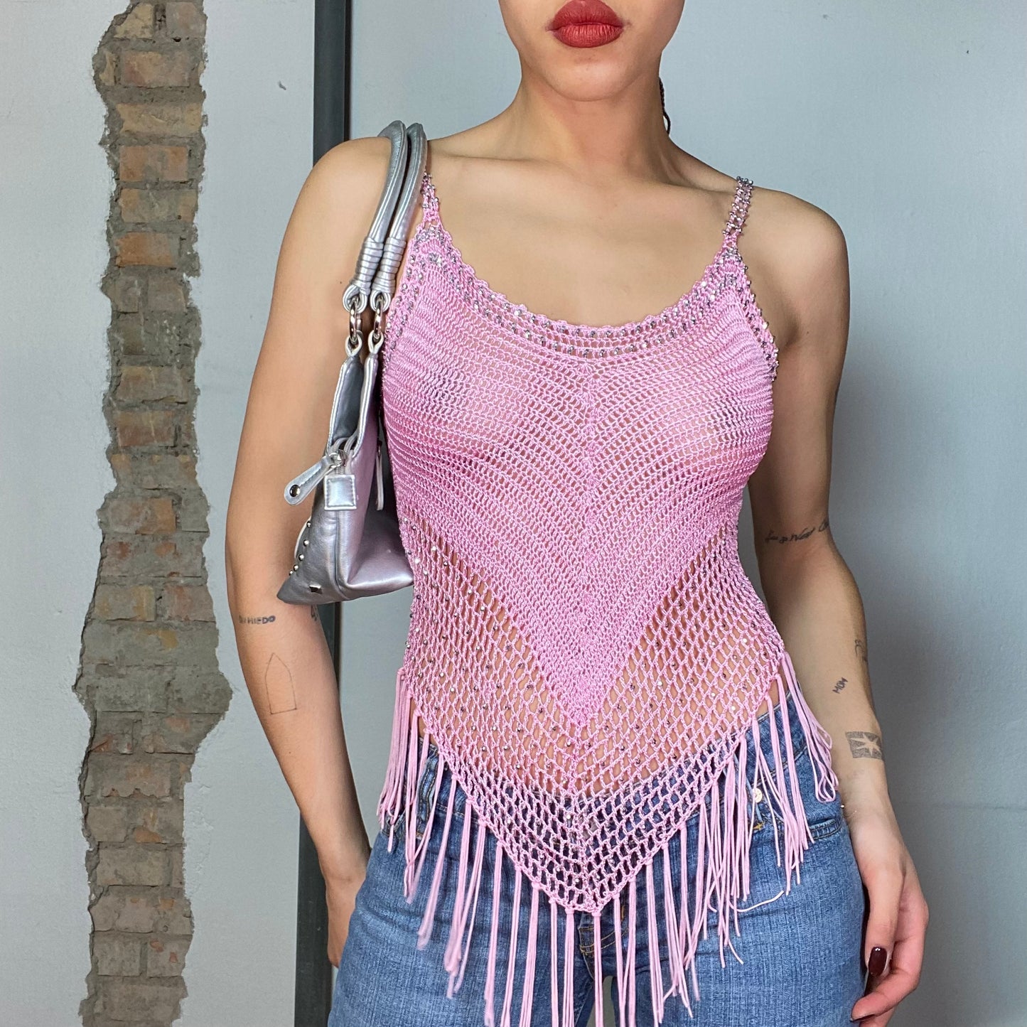 Vintage 2000's Festival Pink Crochet Top with Silver Beads and Fringe Detail (S)