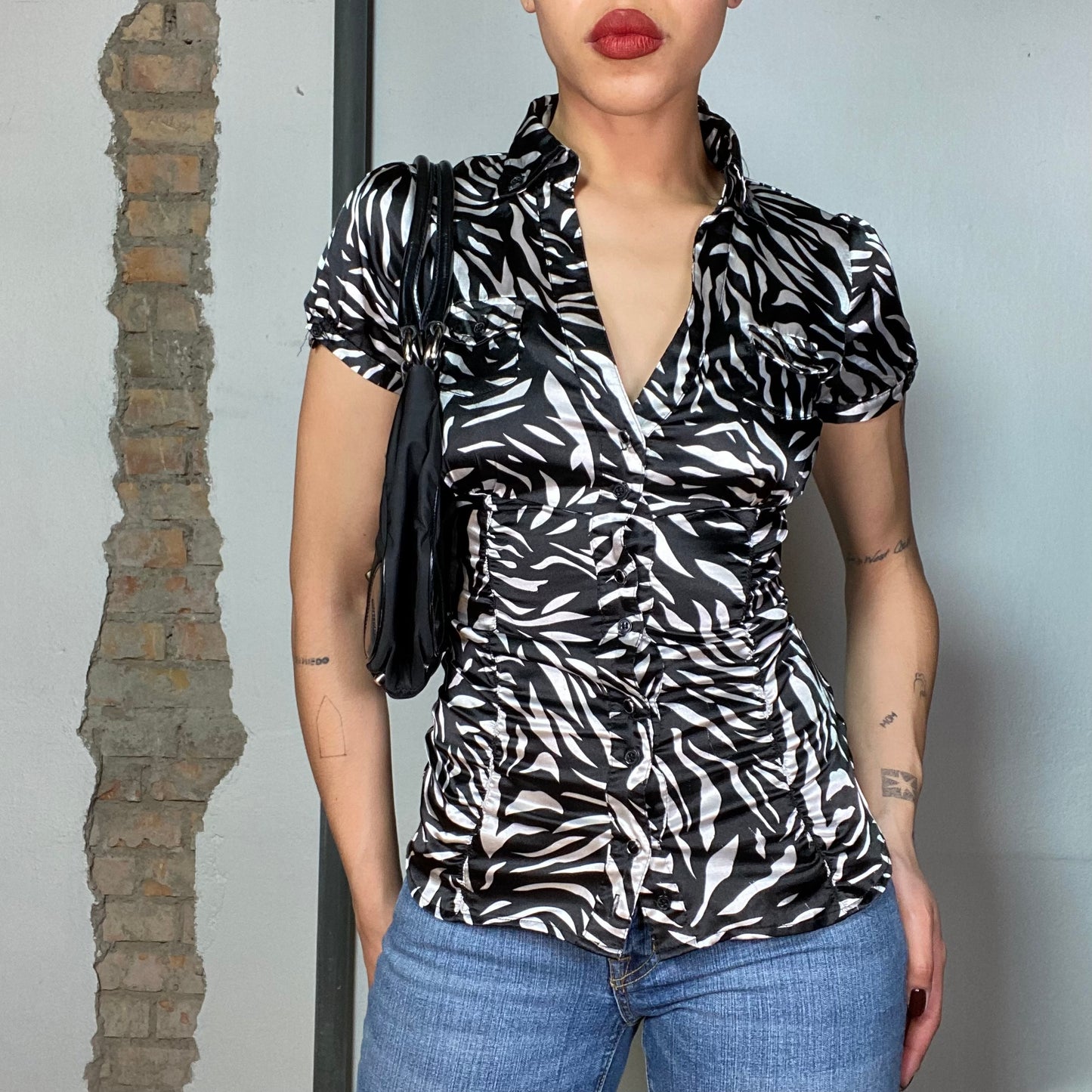 Vintage 2000's Funky Zebra Print Silky Shirt with Scrunchy Structure (S)