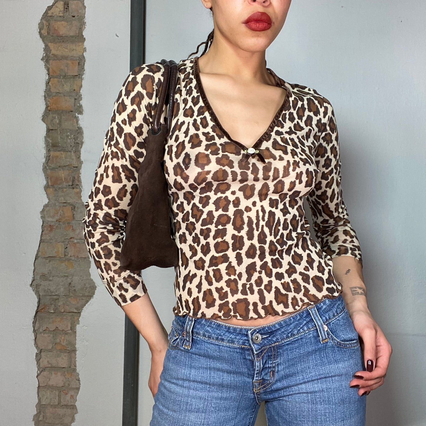 Vintage 2000's Funky Leo Print Mesh Longsleeve with Flower Detail (S)