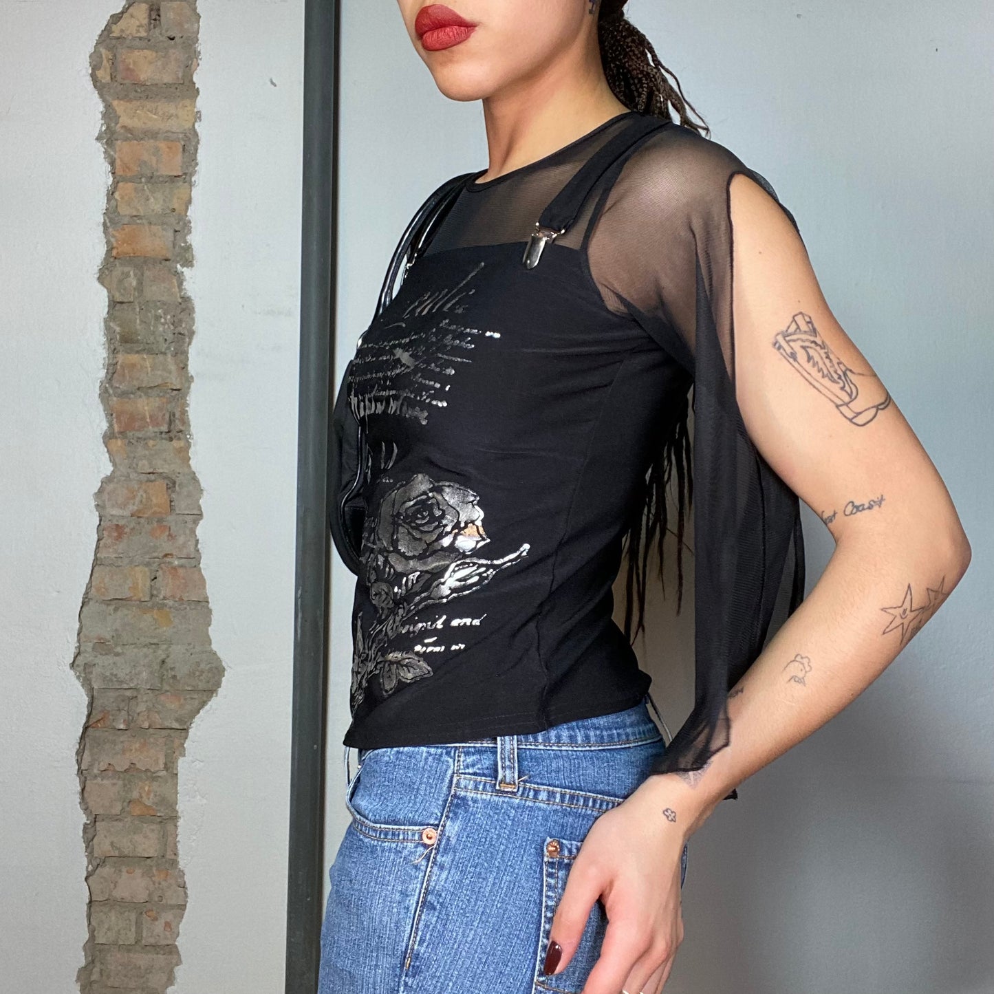 Vintage 2000's Grunge Balck Top with Flowy Mesh Sleeves and Buckle Details (S)