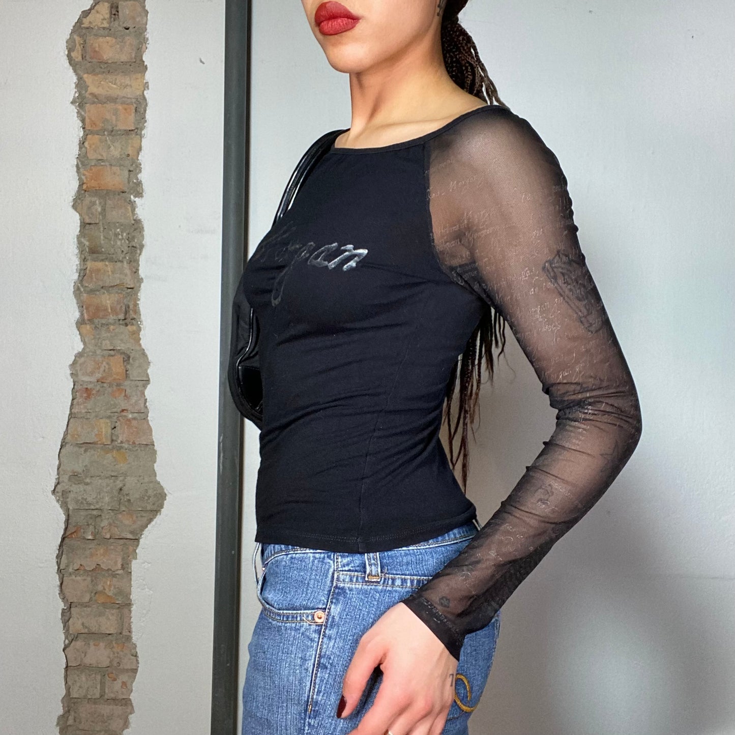 Vintage 2000's Morgan De Toi Black Top with Mesh Sleeves (S)