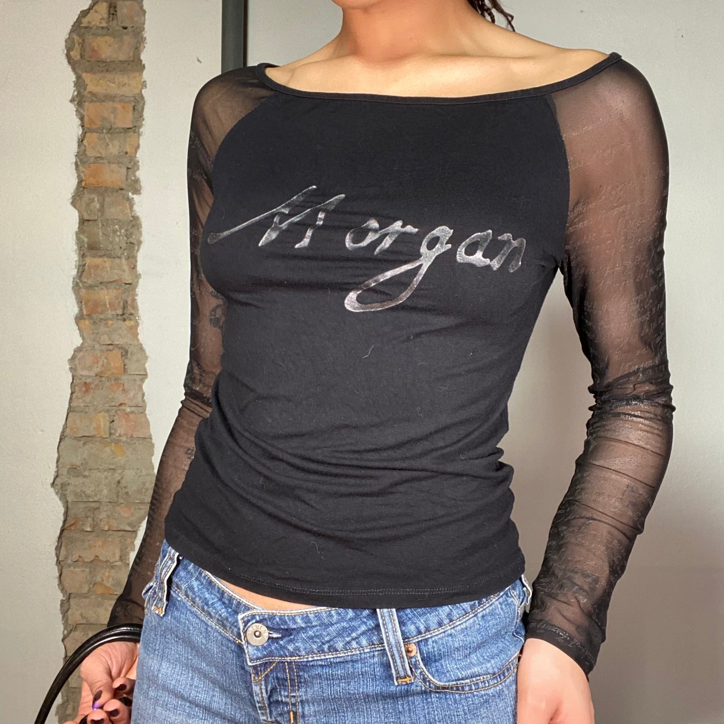 Vintage 2000's Morgan De Toi Black Top with Mesh Sleeves (S)