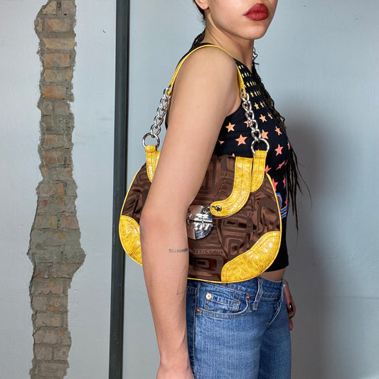 Vintage 2000's Archive Miss Sixty Brown Shoulder Bag with Yellow Faux Leather Details