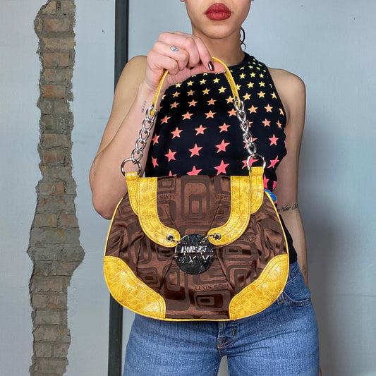 Vintage 2000's Archive Miss Sixty Brown Shoulder Bag with Yellow Faux Leather Details