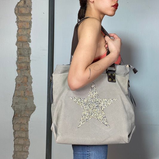 Vintage 2000's Grunge Kahki Big Shoulder Bag with Glitter Star Print