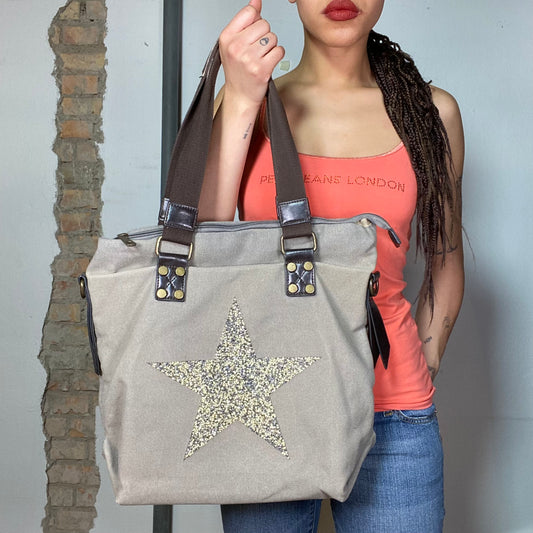Vintage 2000's Grunge Kahki Big Shoulder Bag with Glitter Star Print