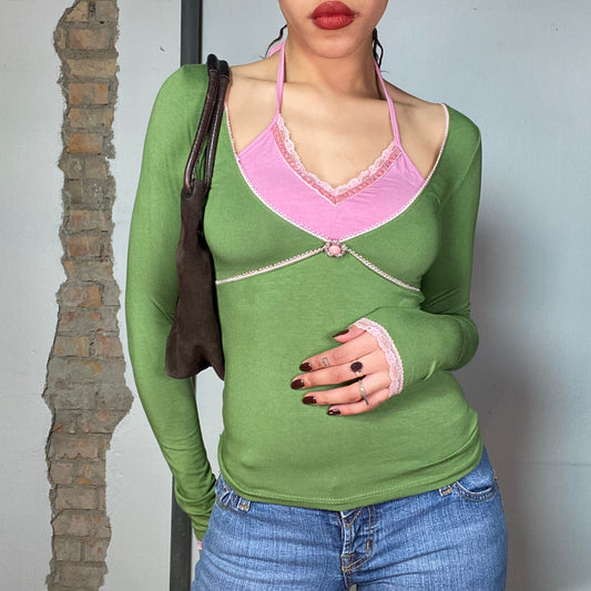 Vintage 90's Fairy Green Longsleeve with Pink Halter Neck and Lace Detail (XS/S)