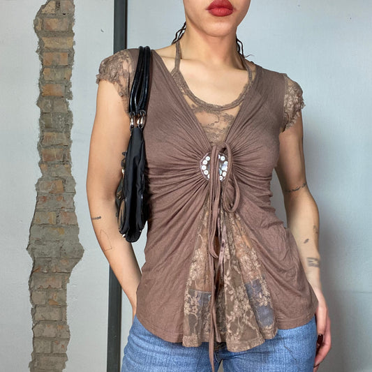 Vintage 2000's Earth Fairy Brown Shirt with Lace and Sequin Detail (S)